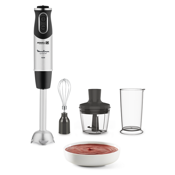 Moulinex Quickchef 3 en 1, Pied mixeur, Lames powelix, 10 vitesses, Accessoires mini hachoir et fouet, Noir et métal
