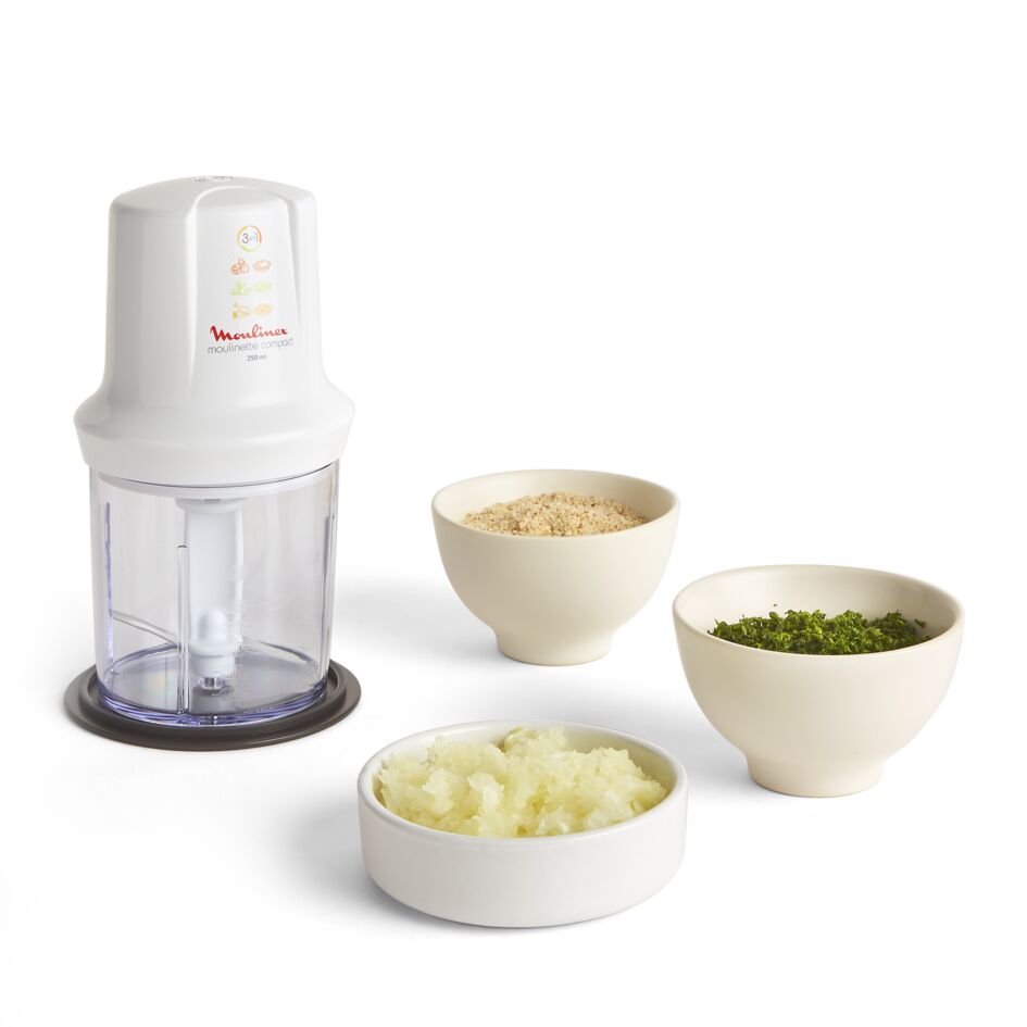 Moulinex Multi moulinette, Mini hachoir, Compact, fonction 3 en 1, capacité 250 ml, 350 W, Blanc