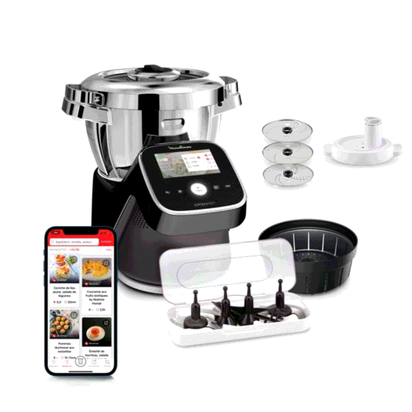 Moulinex I-Companion Touch Pro, Robot cuiseur, 18 fonctions, Connecté, Pesage intégré, Recettes sur l’Ecran, Capacité XL 10 personnes, Noir, Fabriqué en France + découpe légumes