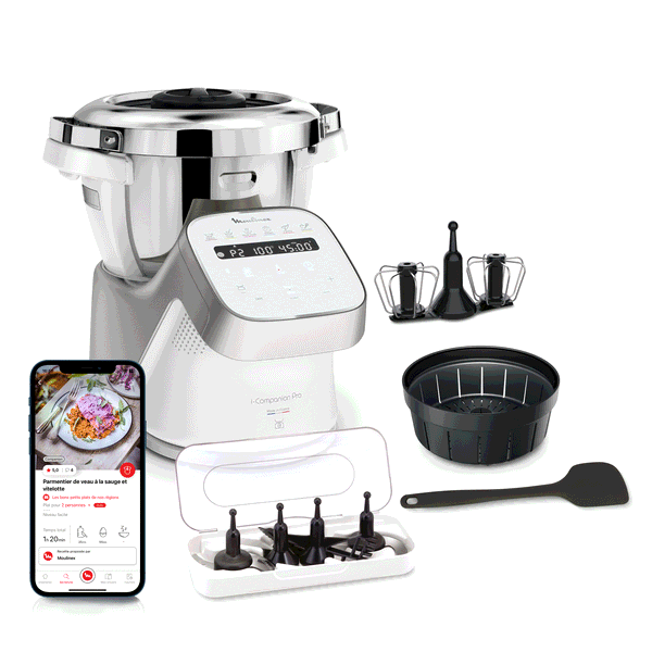 Moulinex I-Companion Pro, Robot Cuiseur, 17 fonctions, Pesage intégré, Capacité XL 10 personnes, Gris, Fabriqué en France + Double fouet
