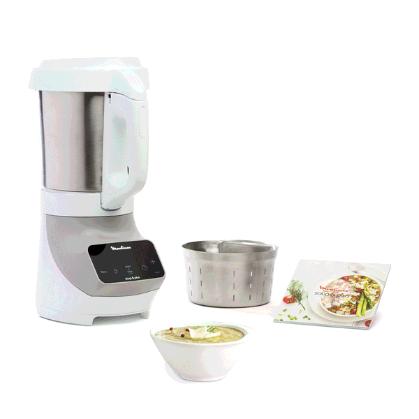 Moulinex Soup&plus, Blender chauffant, 4 programmes automatiques, Panier vapeur, 1100W, Gris