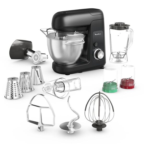 Moulinex Bake Partner, Robot pâtissier, Bol de 4,6 L, Kit pâtisserie, Blender de 1,25 L, Découpe légumes, Broyeur et Hachoir, 1100 W