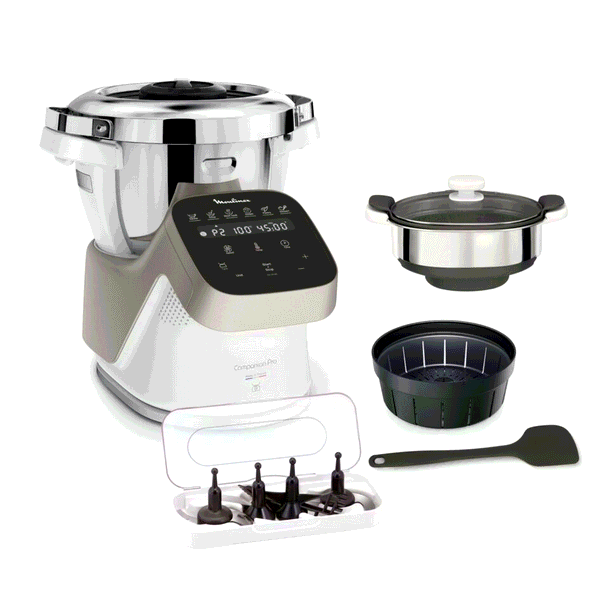 Moulinex Companion Pro, Robot Cuiseur, 15 fonctions, Pesage intégré, Capacité XL 10 personnes, Gris, Fabriqué en France + Cuiseur vapeur